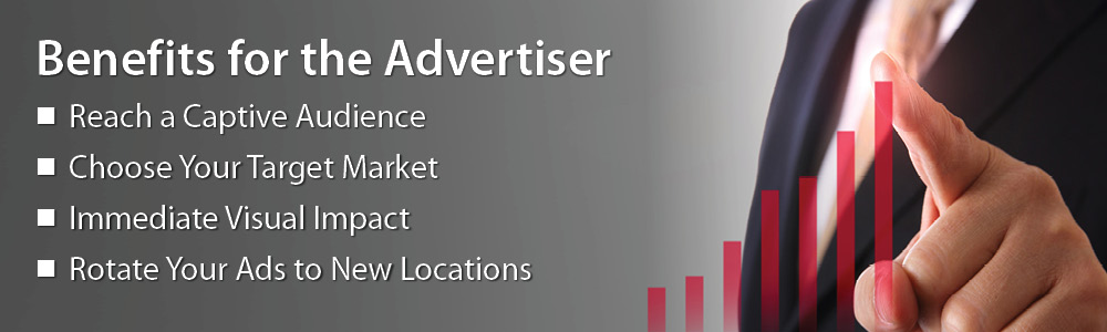 Benefits for the advertiser. Reach a captive audience, choose your target market, immediate visual impact, rotate your ads to new locations
